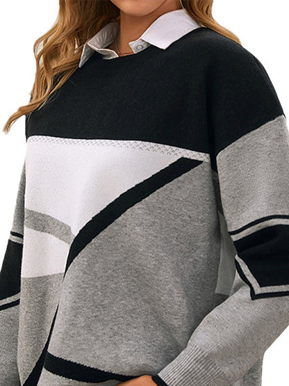 Long Sleeves Loose Contrast Color Printed Round-Neck Pullovers Sweater Tops