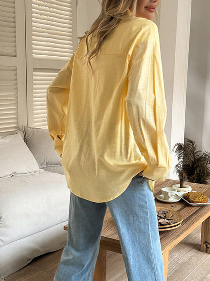 Long Sleeves Loose Buttoned Solid Color Lapel Blouses&Shirts Tops