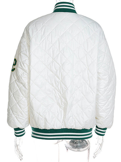 Long Sleeves Loose Contrast Color Embroidered Split-Joint Stand Collar Padded Coat