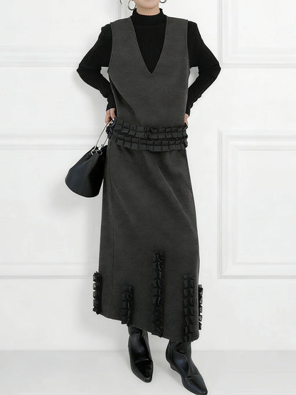 Contrast Color Ruffled Split-Joint V-Neck Vest Top + Elasticated Waist High Waisted Pleated Skirts Bottoms Two Pieces Set