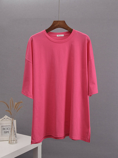 Loose Short Sleeves Solid Color Split-Side Round-Neck T-Shirts Tops