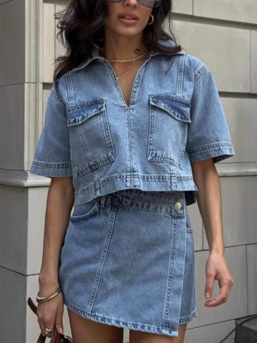 Lapel Short Sleeves Cropped Blouses&Shirts Tops + Buttoned Pockets Asymmetric Denim Shorts Two Pieces Set