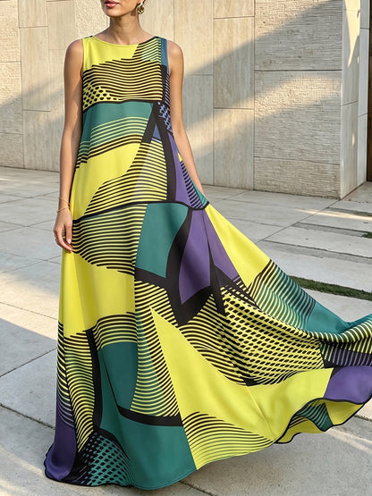 A-Line Sleeveless Contrast Color Striped Zipper Round-Neck Maxi Dresses