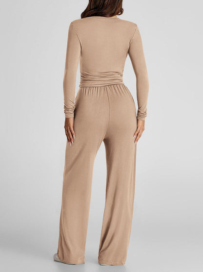 Solid Color Pleated Round-Neck T-Shirts Tops +  Elasticated Waist High Waisted Drawstring Pants Two Pieces Set