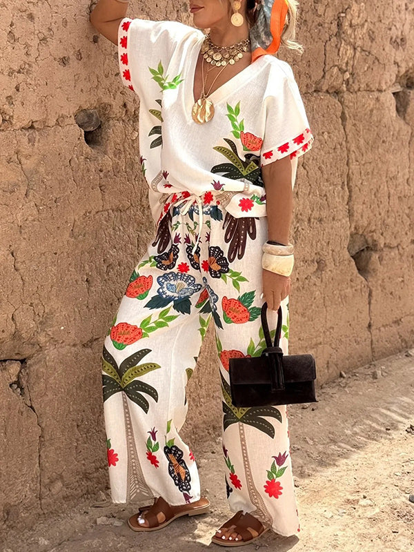 High Waisted Loose Drawstring Elasticity Printed Split-Joint Pants Trousers