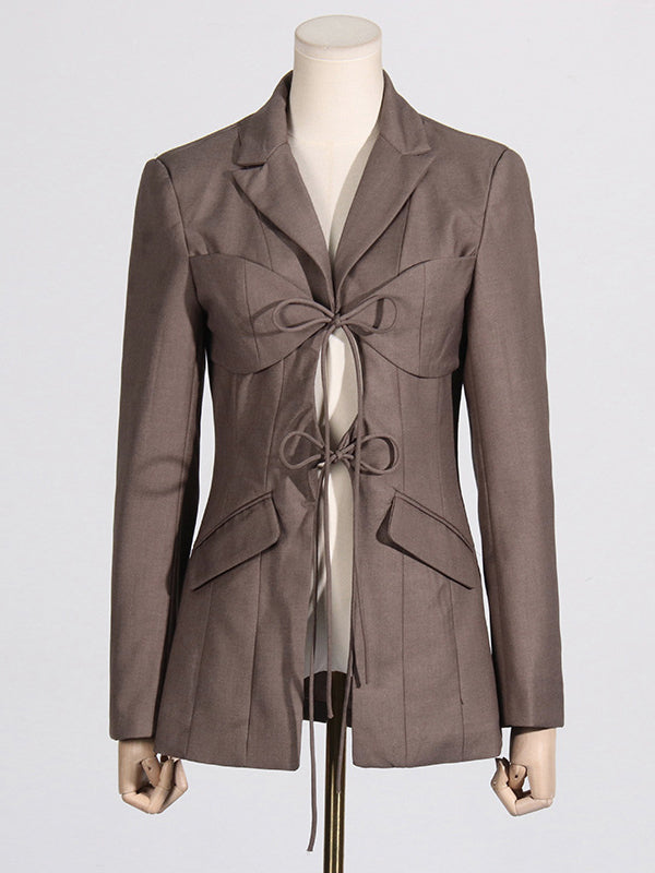 Long Sleeves Loose Pockets Solid Color Tied Notched Collar Blazer Outerwear