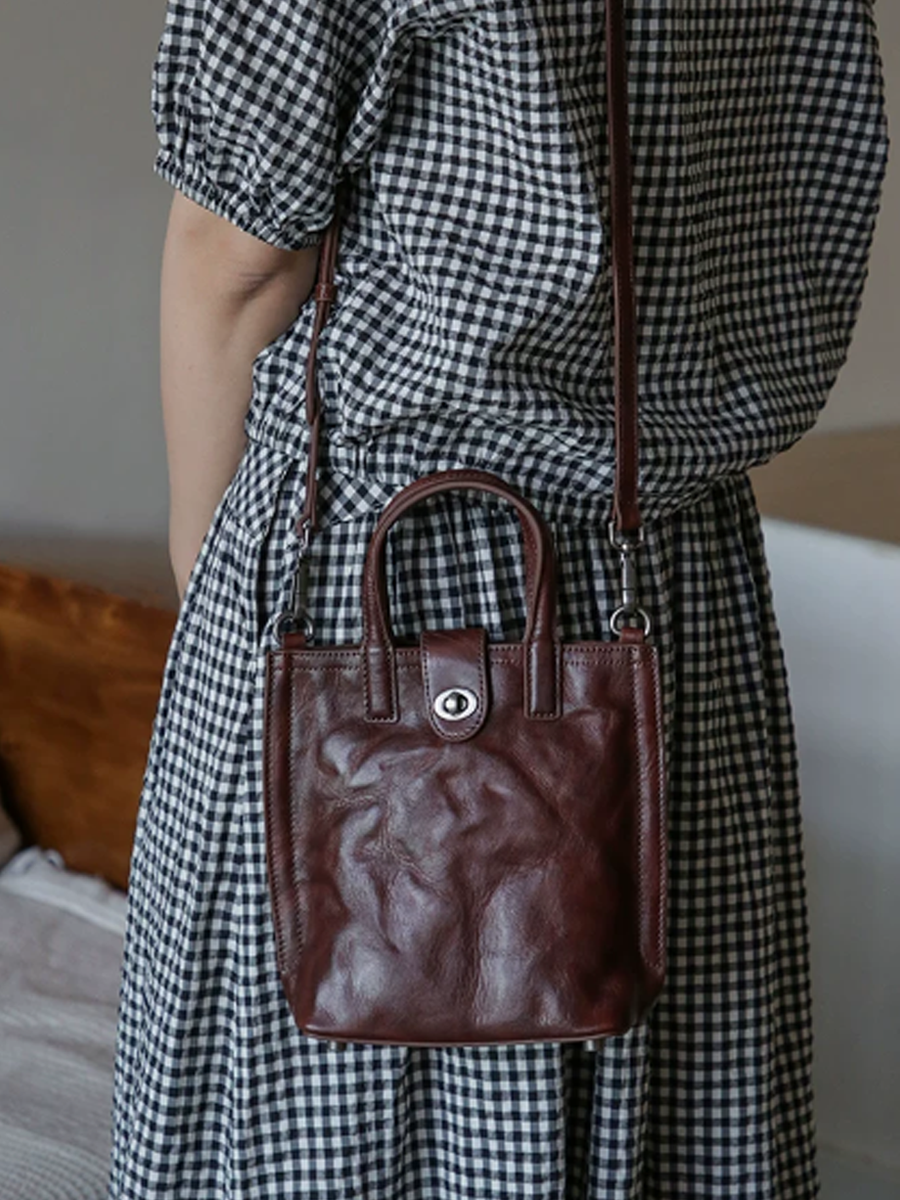 Vintage Crinkled Mini Tote Crossbody Bag
