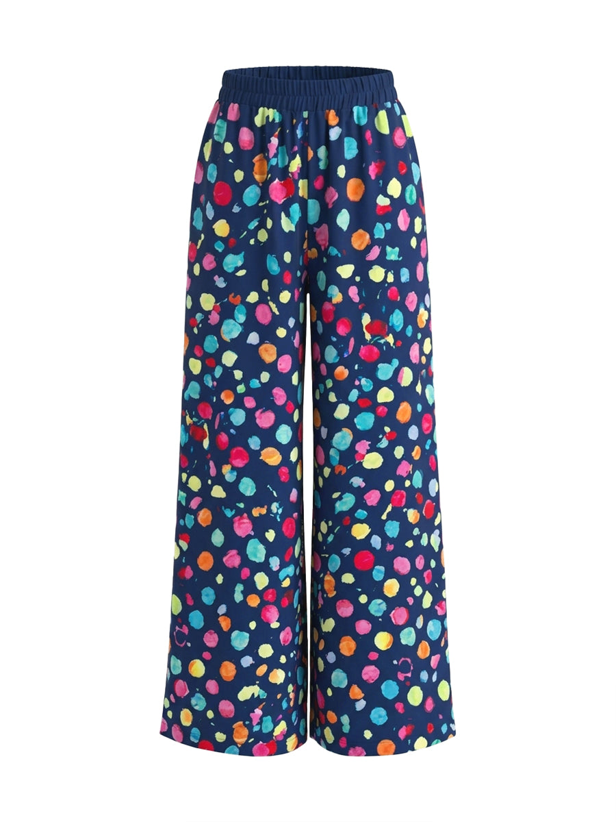 High Waisted Wide Leg Contrast Color Elasticity Pockets Polka Dot Pants Trousers