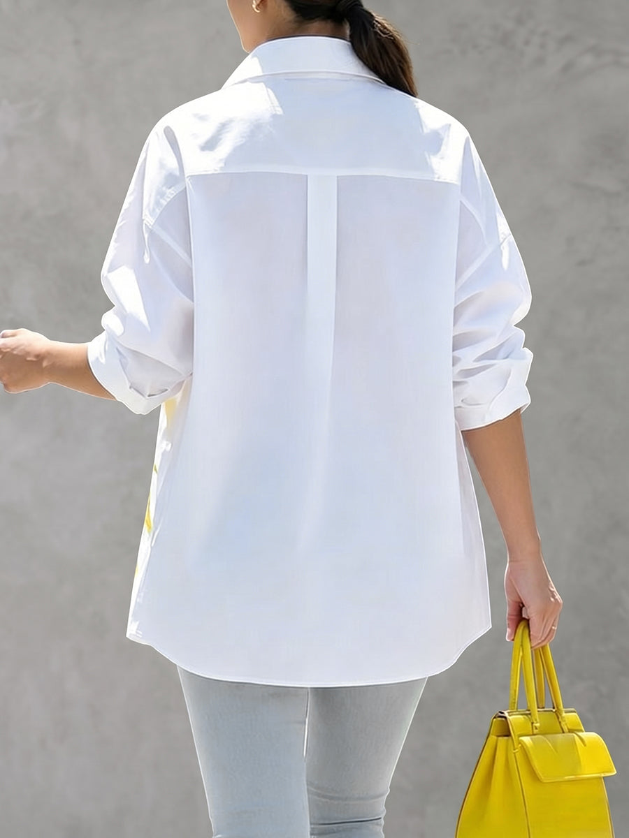 High-Low Long Sleeves Buttoned Contrast Color Flower Print Lapel Blouses&Shirts Tops