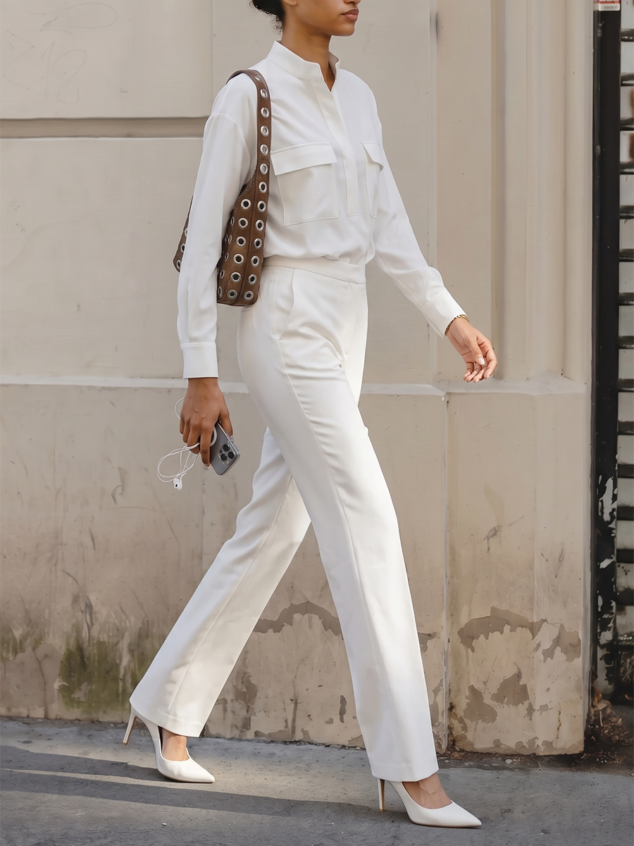 Solid Color Long Sleeves Buttoned Stand Collar Blouses&shirts Tops + Pleated Pockets High Waisted Pants Trousers Two Pieces Set