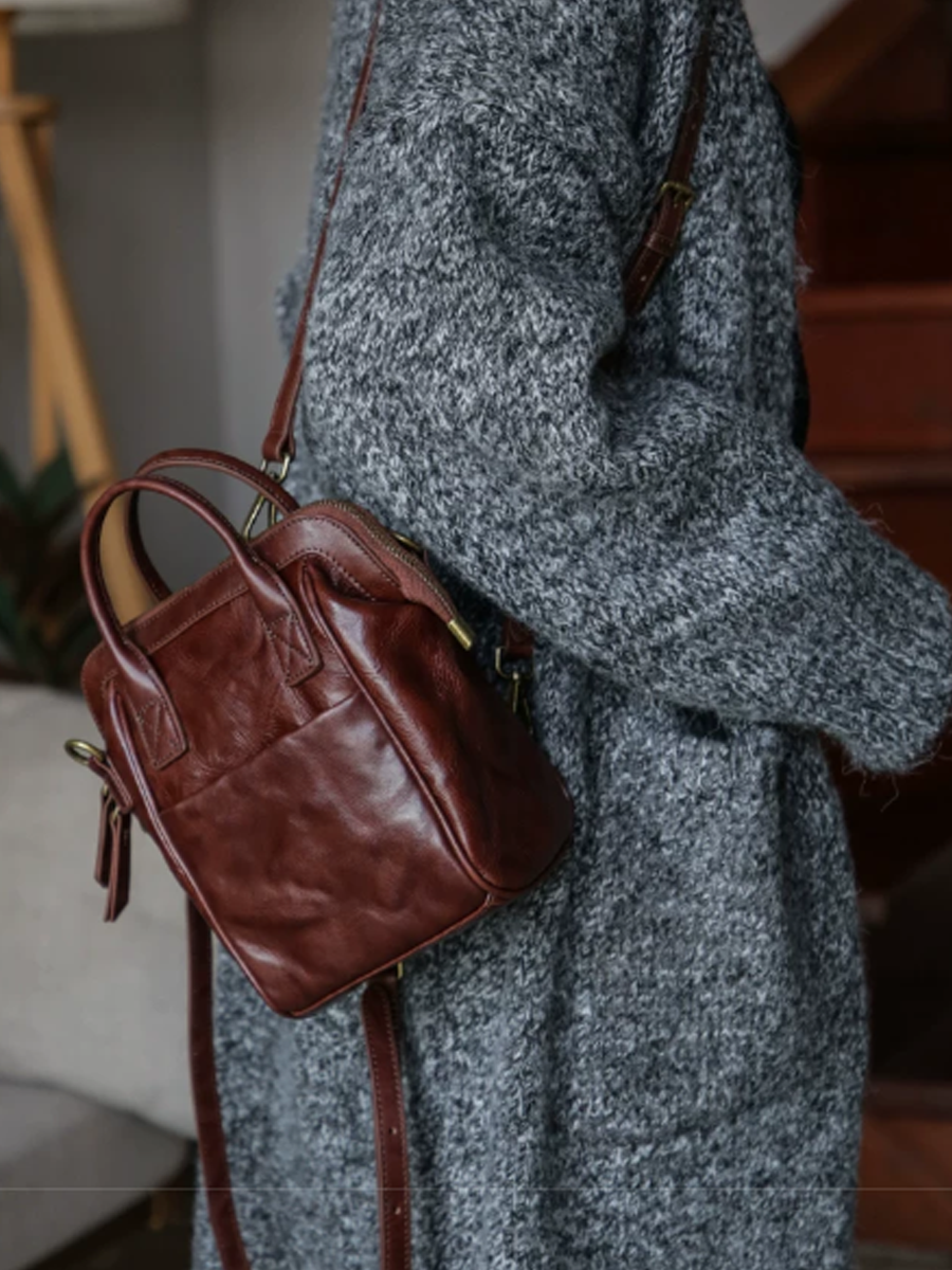 Crinkled Leather Handbag Travel Backpack