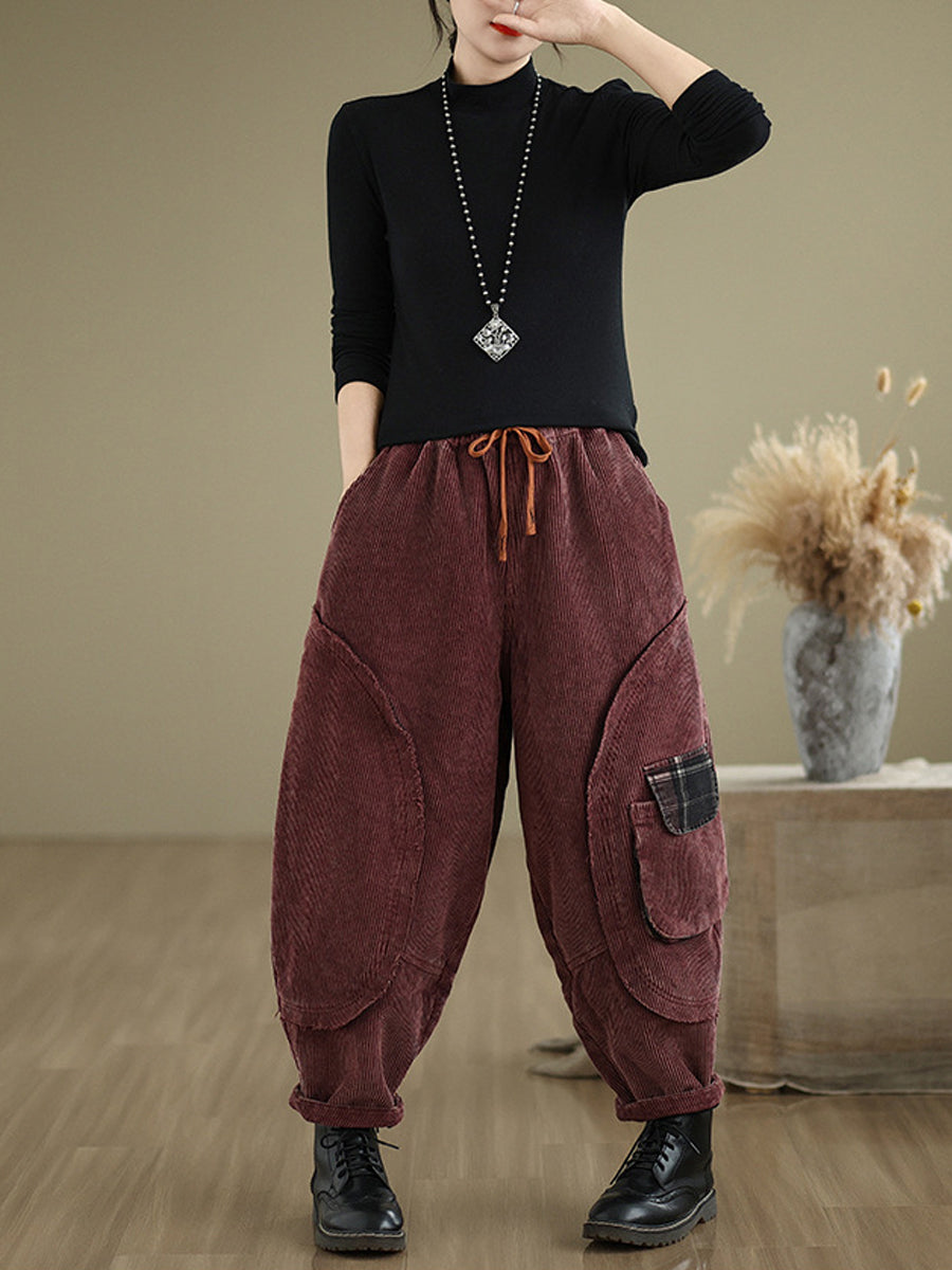 Women Autumn Retro Pure Color Corduroy Harem Pants