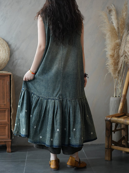 Women Summer Vintage Denim Vest Pleated Dress