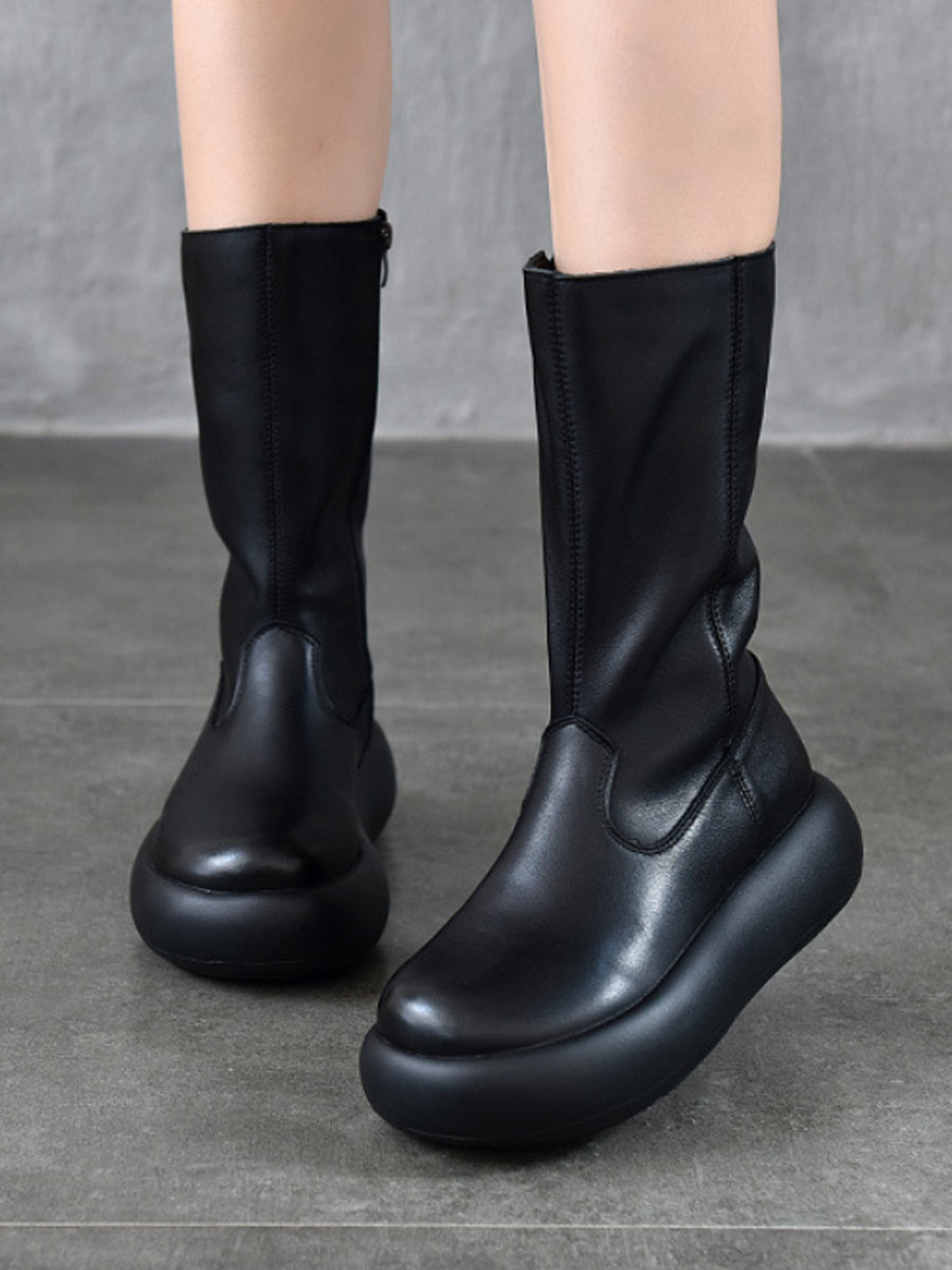 Women Vintage Winter Genuine Leather High Heel Platform Boots
