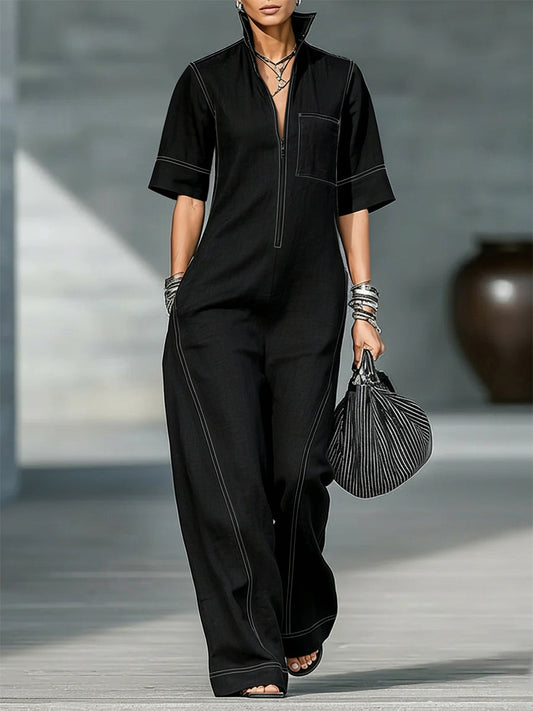 Loose Short Sleeves Pockets Solid Color Zipper Stand Collar Jumpsuits