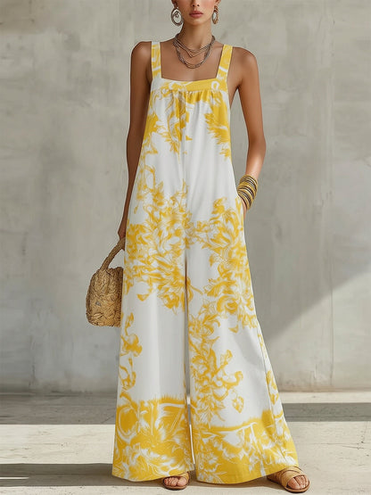 Loose Sleeveless Flower Print Pleated Pockets Spaghetti-Neck Jumpsuits