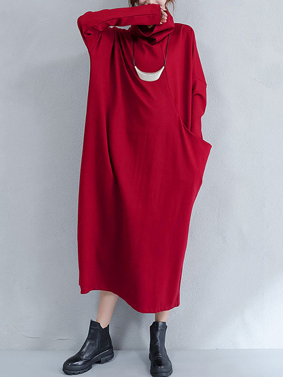 Plus Size Women Autumn Pure Color Turtleneck Loose Dress