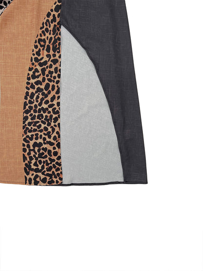 Loose Sleeveless Asymmetric Contrast Color Leopard Pockets Split-Joint Halter-Neck Maxi Dresses