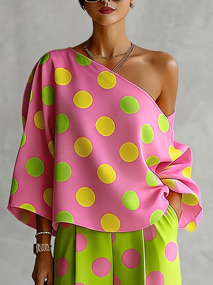 Long Sleeves Loose Asymmetric Polka-Dot One-Shoulder Blouses&Shirts Tops