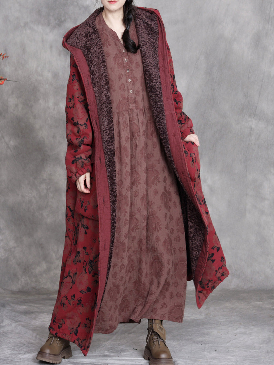 Women Winter Retro Flower Cotton Hooded Coat