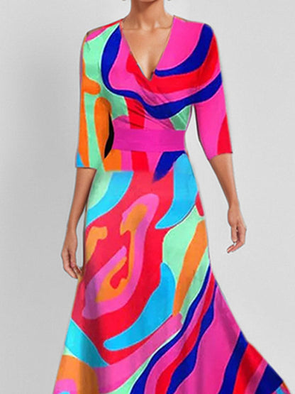 A-Line Elasticated Waist Contrast Color Printed Split-Joint V-Neck Maxi Dresses