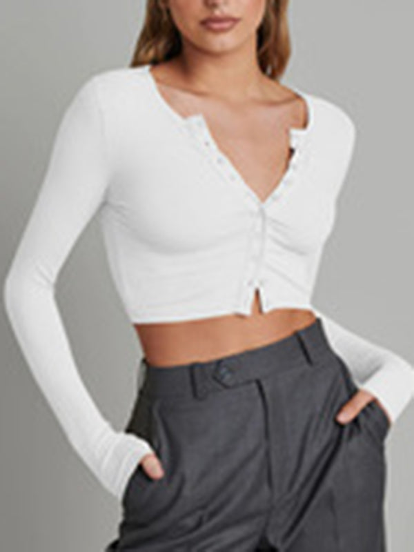 Long Sleeves Skinny Buttoned Solid Color Round-Neck Cardigan Tops