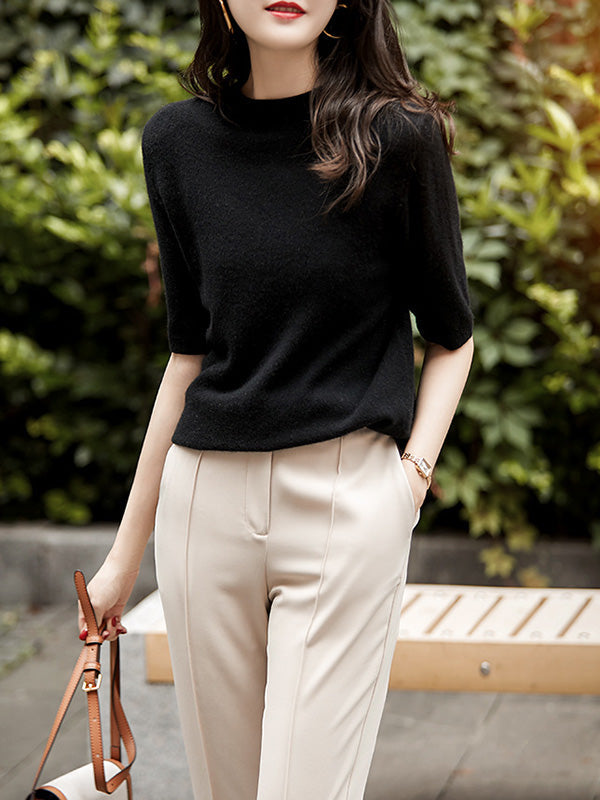 Simple Solid Color Round-Neck Short Sleeves Sweater