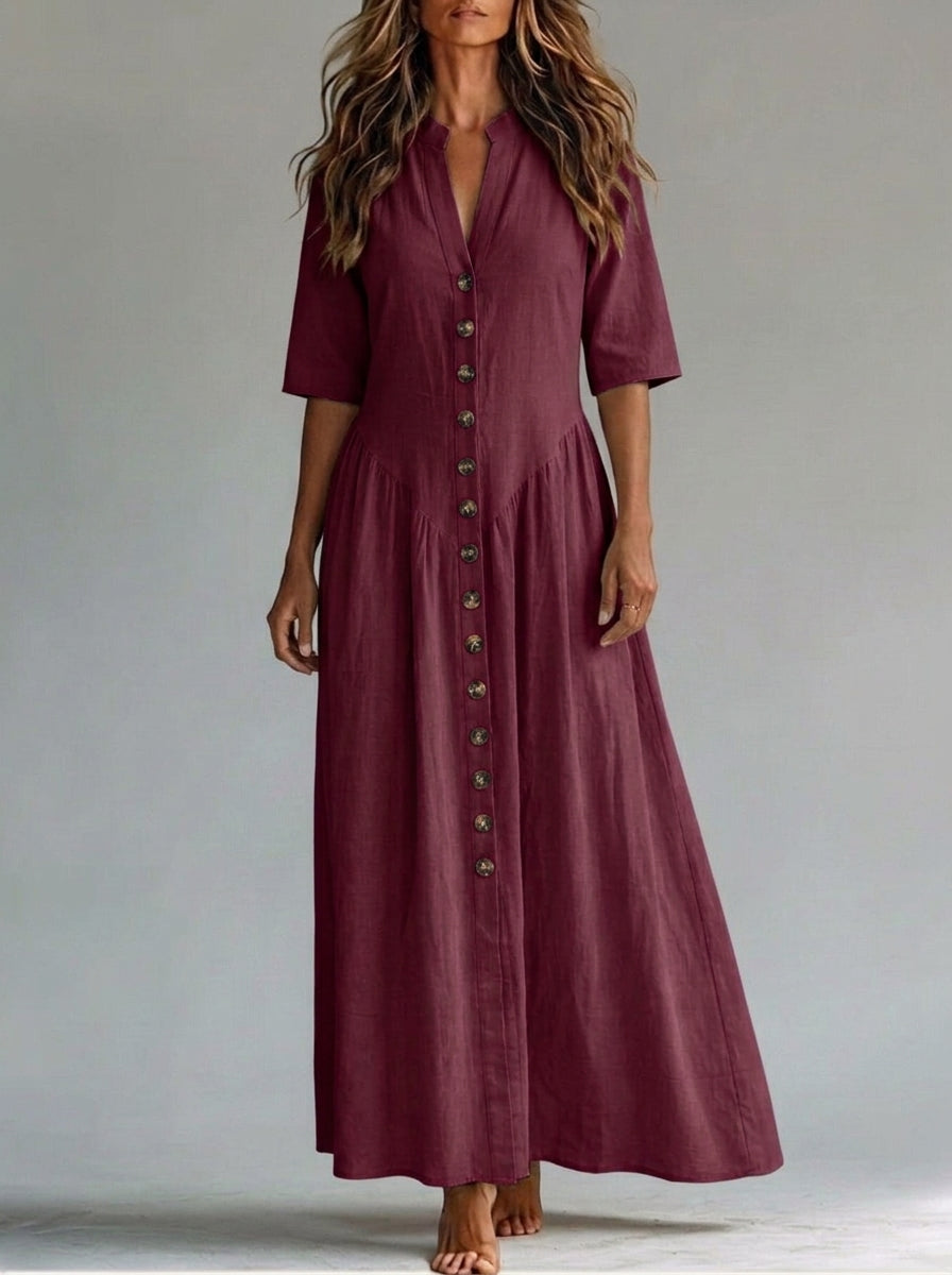 Half Sleeves Puff Sleeves Buttoned Pleated Solid Color Split-Joint Deep V-Neck Maxi Dresses