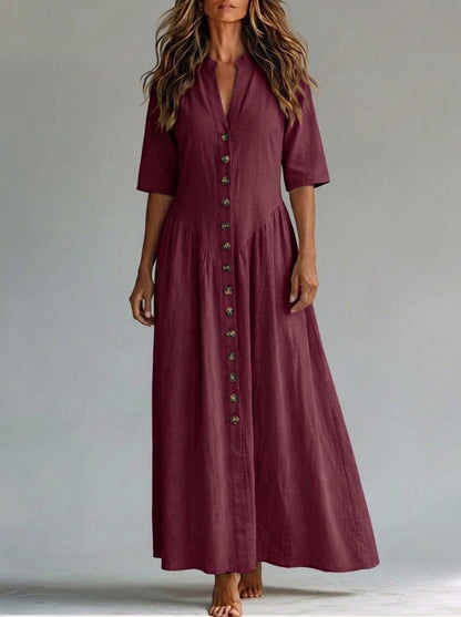 Half Sleeves Puff Sleeves Buttoned Pleated Solid Color Split-Joint Deep V-Neck Maxi Dresses