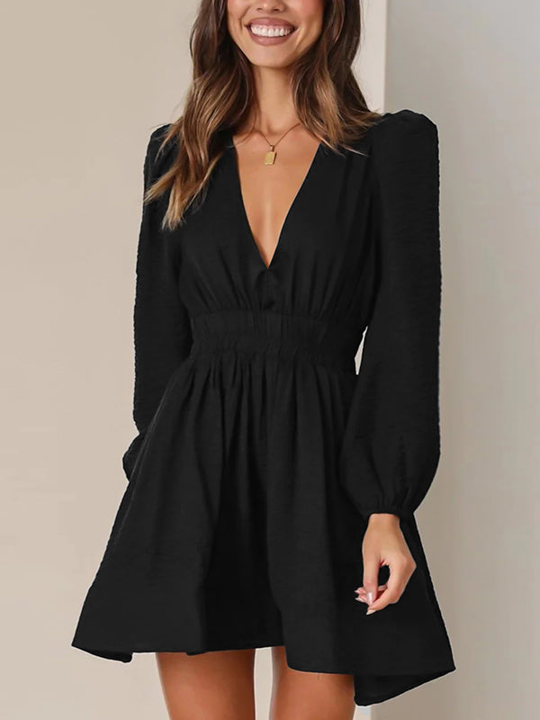 High Waisted Long Sleeves Elasticity Pleated Solid Color Deep V-Neck Mini Dresses