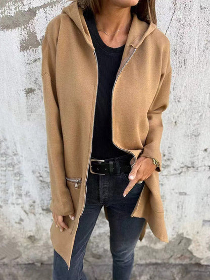 Hooded Long Sleeves Pockets Solid Color Split-Joint Zipper Outerwear