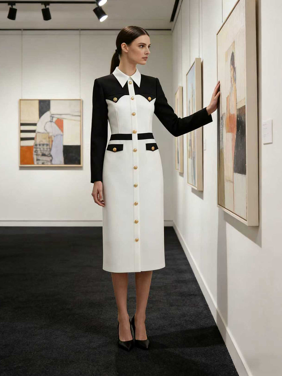 Long Sleeves Buttoned Contrast Color Split-Joint Lapel Midi Dresses