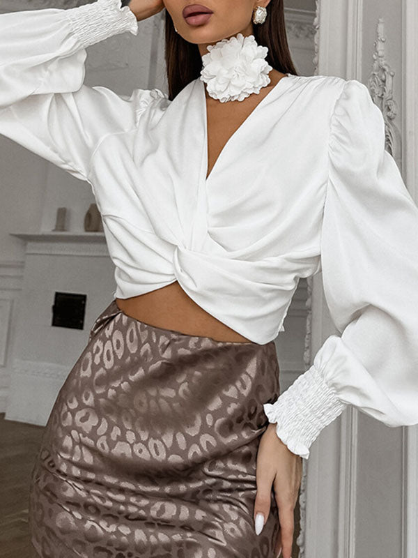 Loose Puff Sleeves Elasticity Pleated Solid Color Split-Joint V-Neck Blouses&Shirts Tops