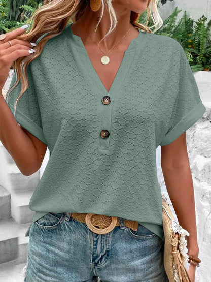 Loose Plus Size Buttoned Jacquard Split-Joint V-Neck T-Shirts Tops