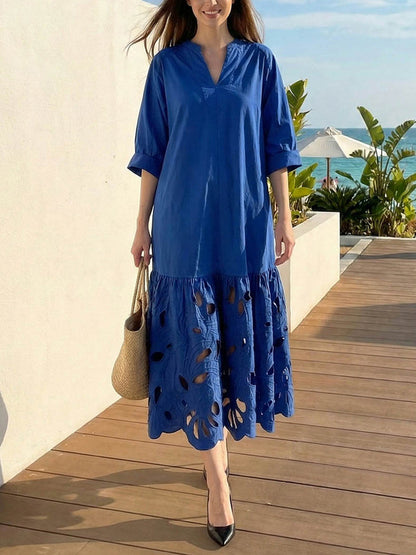 A-Line Long Sleeves Hollow Pleated Solid Color Split-Joint V-Neck Maxi Dresses