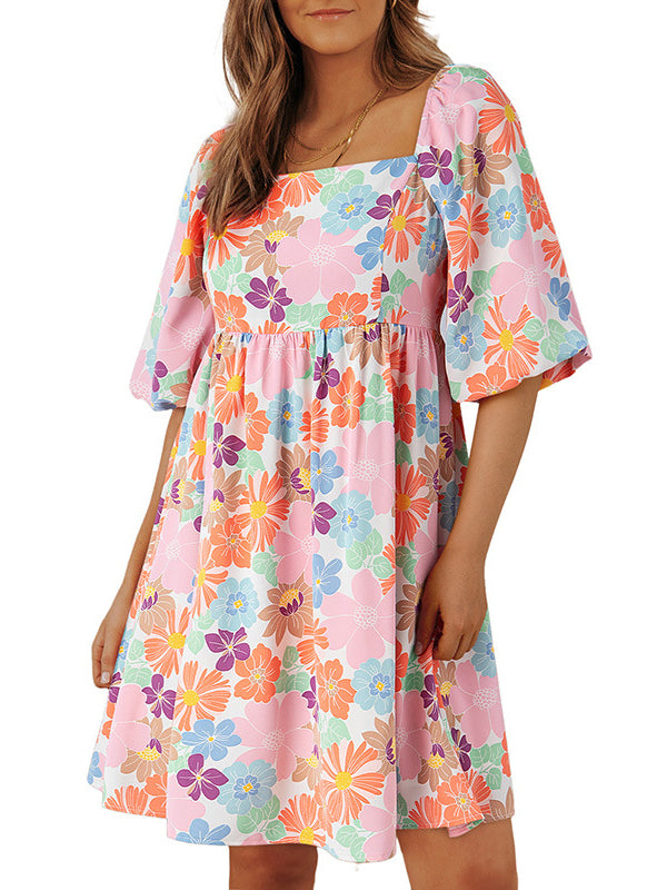 A-Line High Waisted Elasticity Flower Print Pleated Split-Joint Zipper Square-Neck Mini Dresses