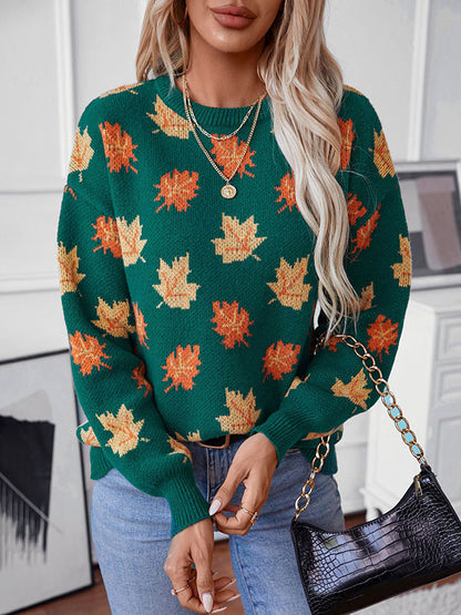 Long Sleeves Loose Contrast Color Jacquard Knitted Leaves Split-Joint Round-Neck Pullovers Sweater Tops