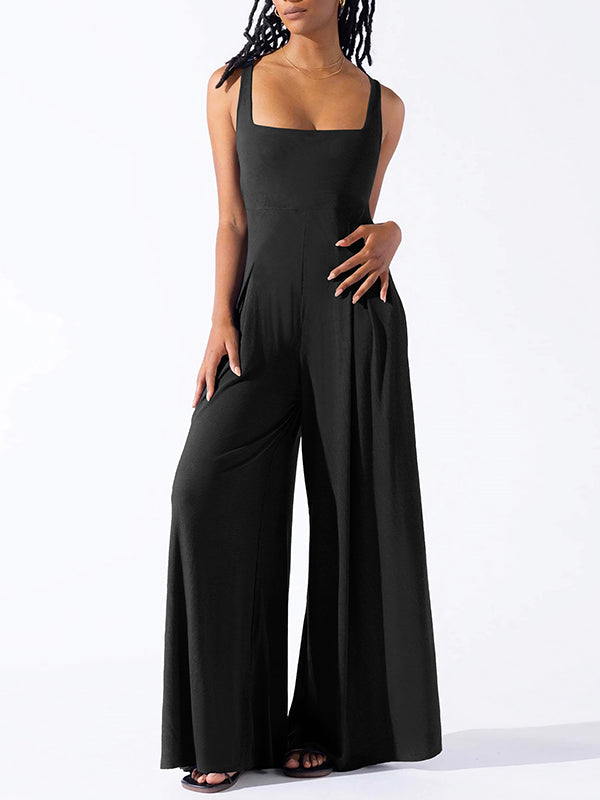 Loose Sleeveless Pleated Solid Color Spaghetti-Neck Jumpsuits