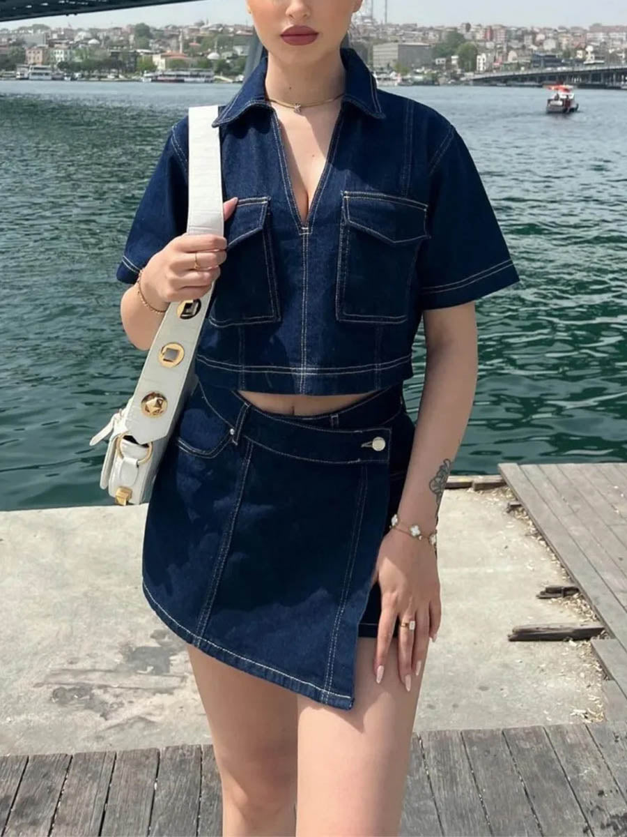 Lapel Short Sleeves Cropped Blouses&Shirts Tops + Buttoned Pockets Asymmetric Denim Shorts Two Pieces Set