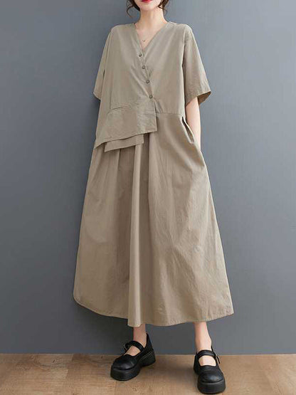 Loose Short Sleeves Pleated Solid Color Split-Joint V-Neck Midi Dresses