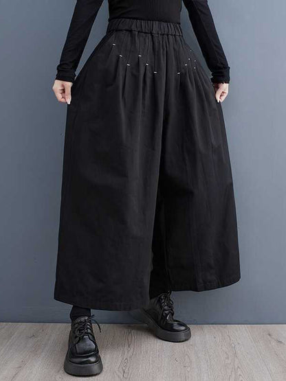 Loose Wide Leg Elasticity Embroidered Pleated Ninth Pants Trousers
