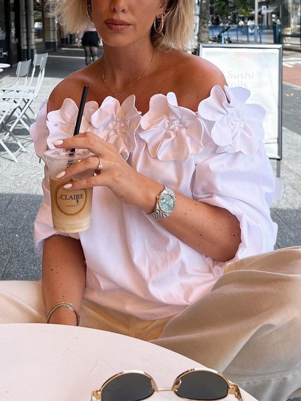 Loose Applique Solid Color Three-Dimensional Flower Off-The-Shoulder Blouses&Shirts Tops