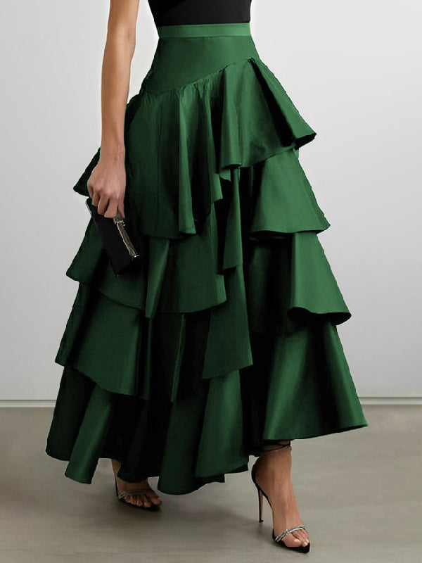 A-Line High Waisted Falbala Solid Color Long Skirts Skirts Bottoms