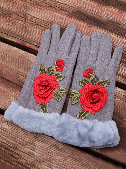 Women Artsy Winter Embroidery Fleece-lined Gloves