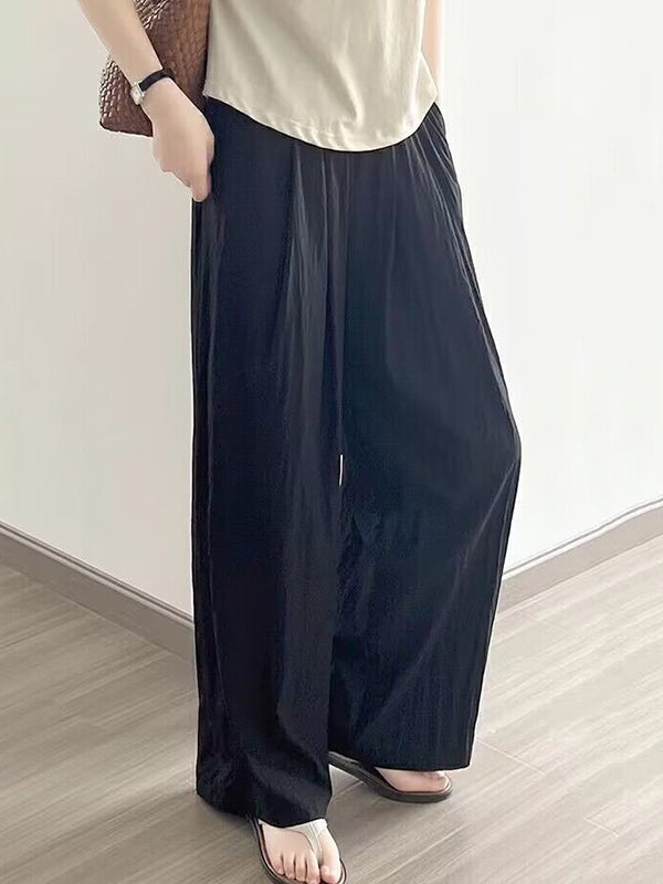 High Waisted Loose Elasticity Pleated Pockets Solid Color Pants Trousers