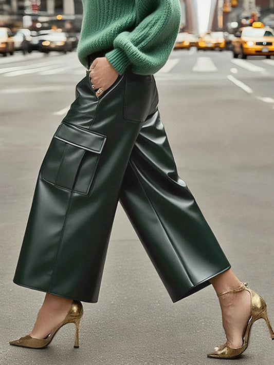 High Waisted Pockets Solid Color Split-Joint Wide Leg Pants Trousers