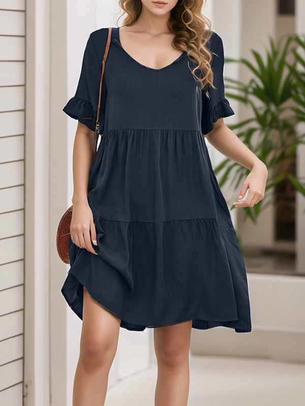 A-Line Flared Sleeves Pleated Pockets Ruffled Solid Color Split-Joint Round-Neck Mini Dresses