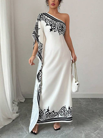 Batwing Sleeves Loose Asymmetric Elasticity Flower Print Pleated One-Shoulder Maxi Dresses