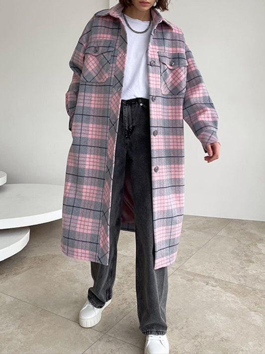 Long Sleeves Loose Plaid Pockets Lapel Woolen Coat