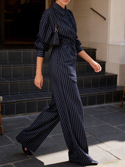 Striped Lapel Irregular Buttoned Wrap Tied Waist Blouse Tops + High Waist Wide Leg Trousers Bottoms Two Pieces Set